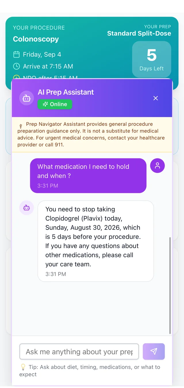 The in-app AI prep assistant answering the question what medication do I need to hold and when, replying that Clopidogrel must be stopped today, Sunday, August 30, 2026, which is five days before the procedure, and directing questions about other medications to the care team.
