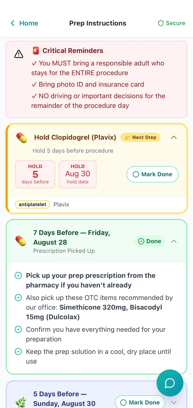 A prep instructions screen showing a highlighted card to hold Clopidogrel, tagged antiplatelet, marked as the next step, with hold five days before and a hold date of August 30, above a completed prescription-pickup step dated Friday, August 28 that lists the over-the-counter items the office recommends: simethicone 320mg and bisacodyl 15mg.