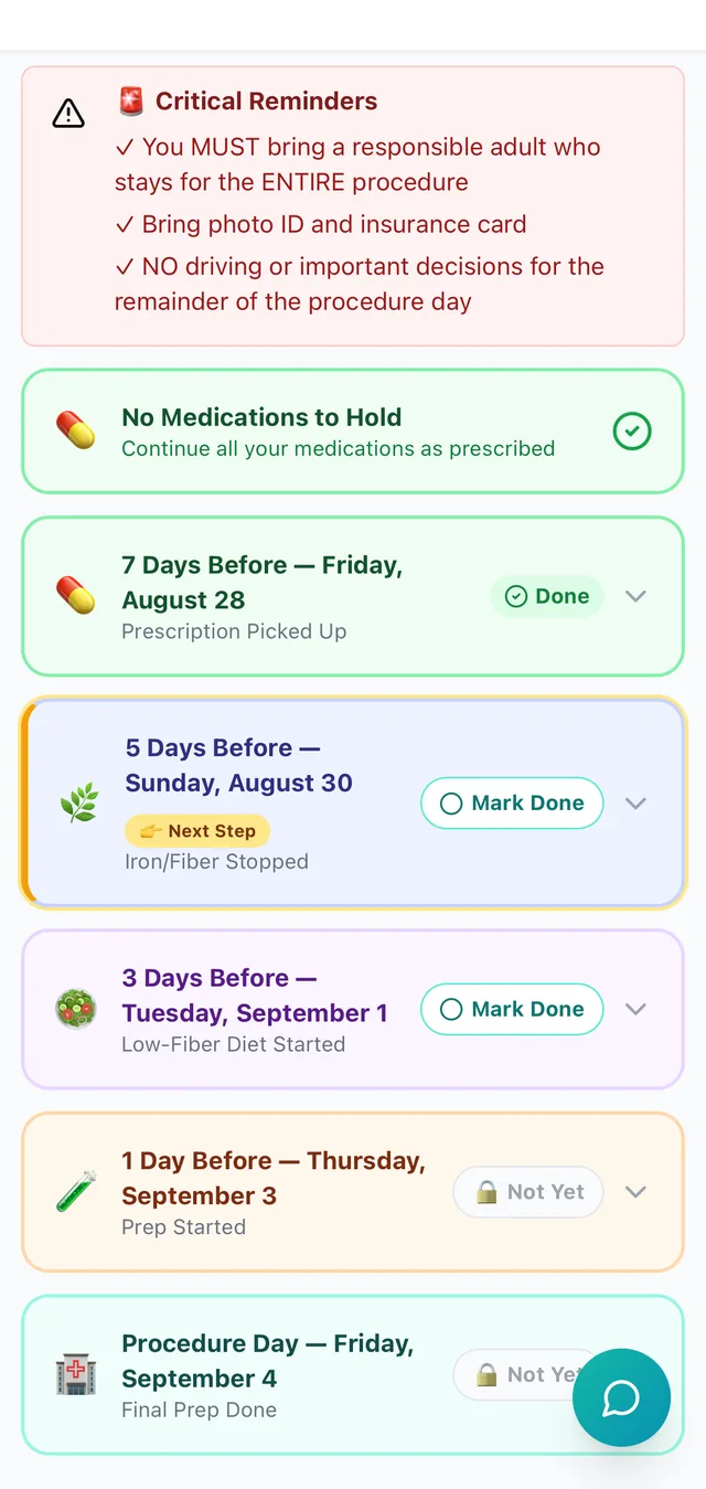 A prep instructions screen showing a green card reading no medications to hold, continue all your medications as prescribed, followed by the dated prep milestones.