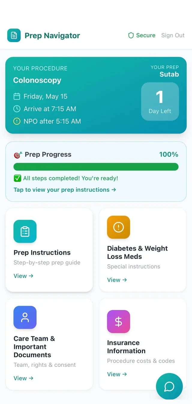 The Prep Navigator patient portal, showing the scheduled colonoscopy, the assigned prep, a countdown to the procedure, prep progress, and links to instructions, medication guidance, care team documents and insurance information.