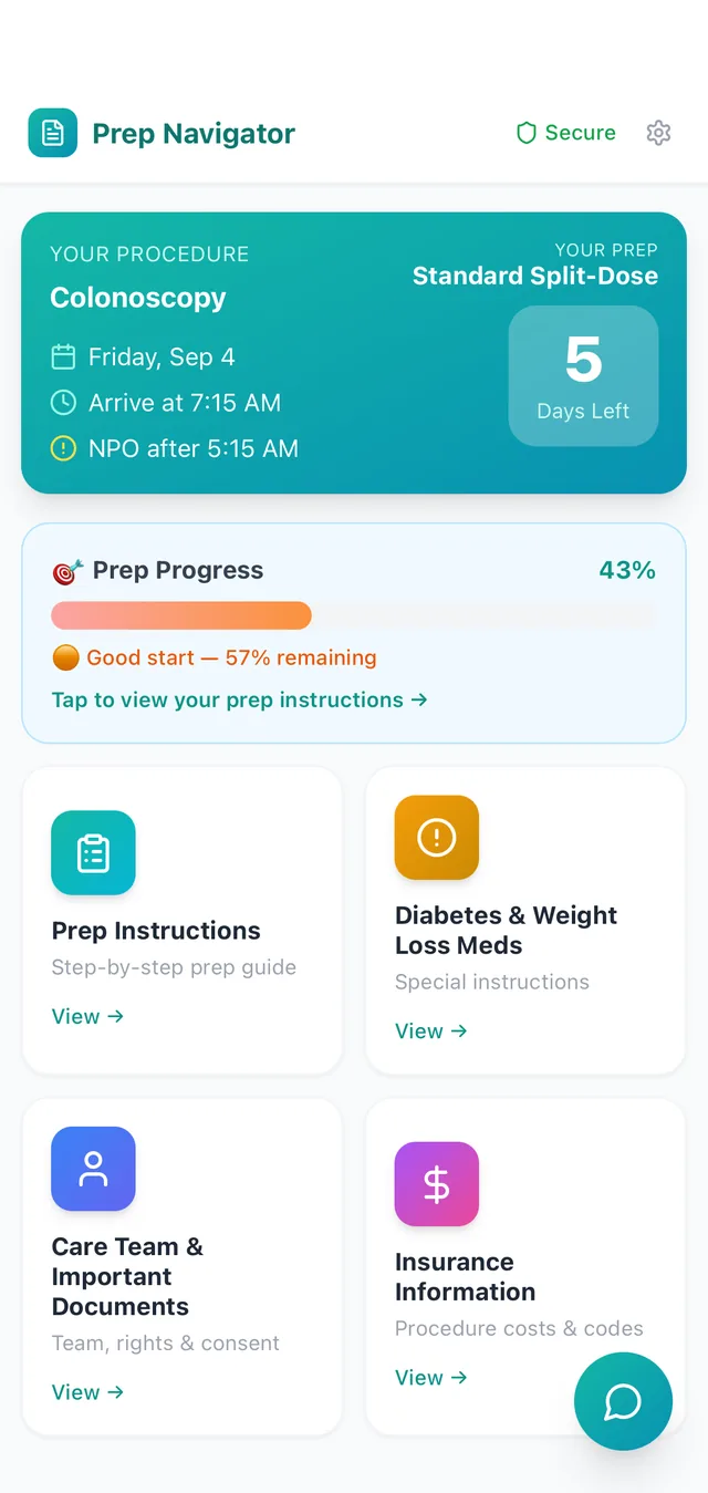 The same portal home screen for a patient on a standard split-dose protocol, with prep progress at 43 percent and an amber bar reading good start, 57 percent remaining.
